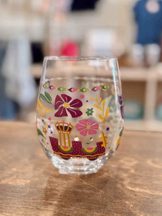 Stemless Wine Glass - Mardi Gras Flowers