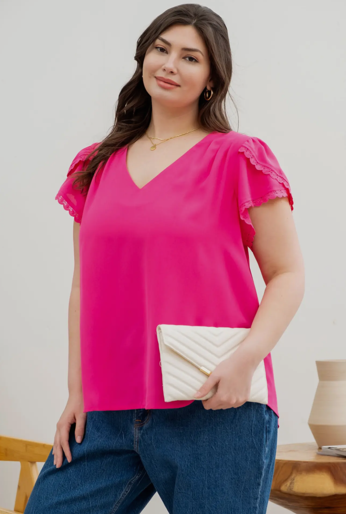 Plus V Neck Scallop Lace Trim Tulip Sleeve Blouse Fuchsia