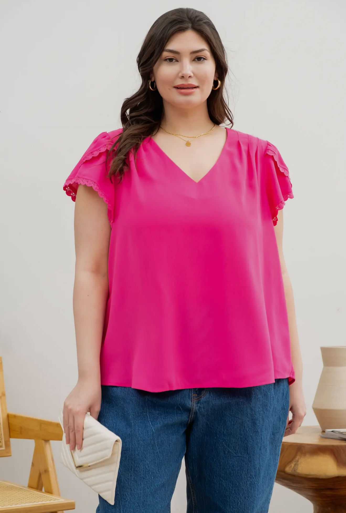 Plus V Neck Scallop Lace Trim Tulip Sleeve Blouse Fuchsia