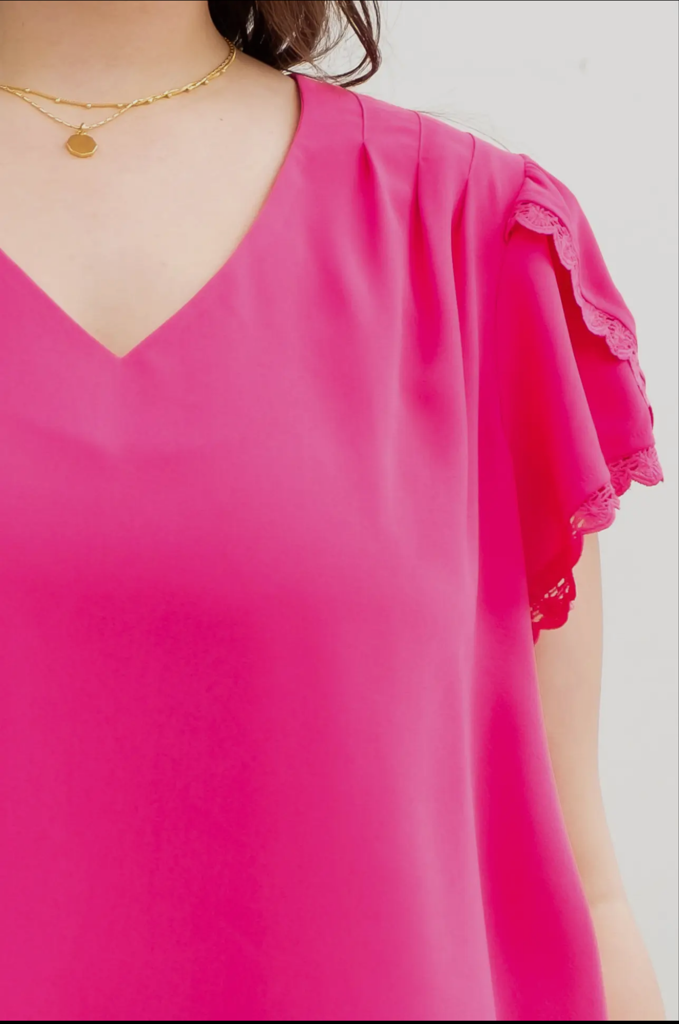 Plus V Neck Scallop Lace Trim Tulip Sleeve Blouse Fuchsia