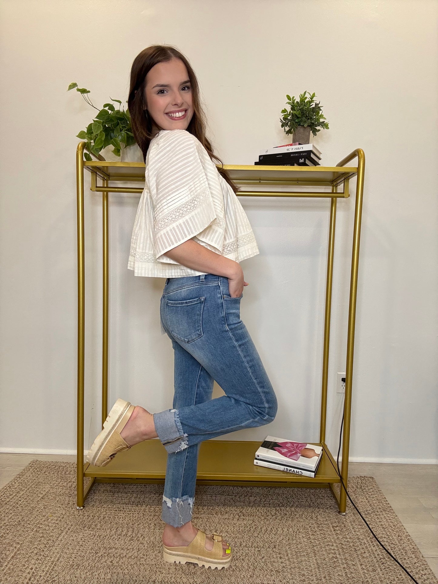 Tummy Control High Rise Crop Straight Cuffed Jeans