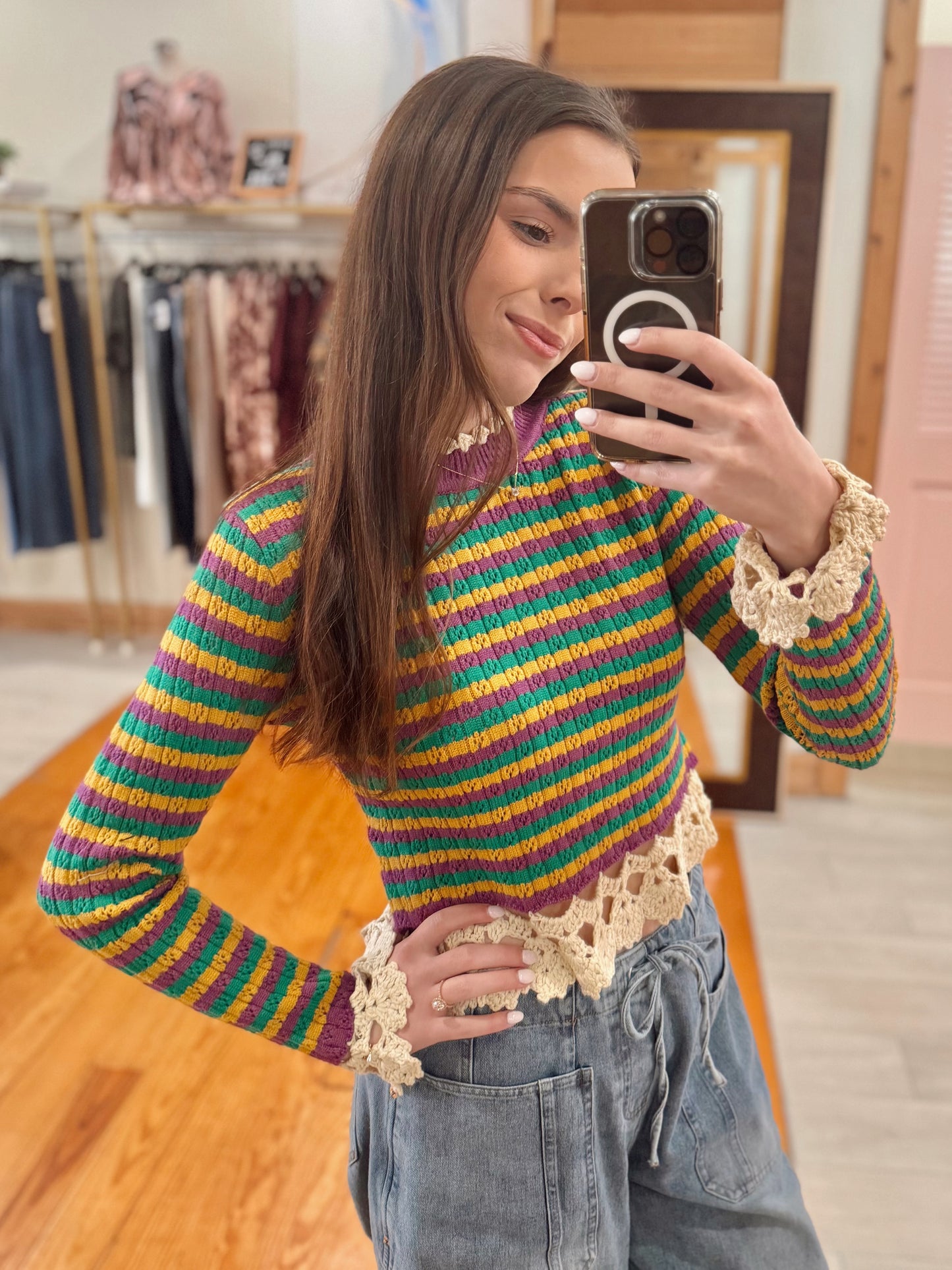 Mardi Gras Stripe Sweater Top with Crochet Edge