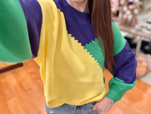 Mardi Gras Color Block Knitted Sweater