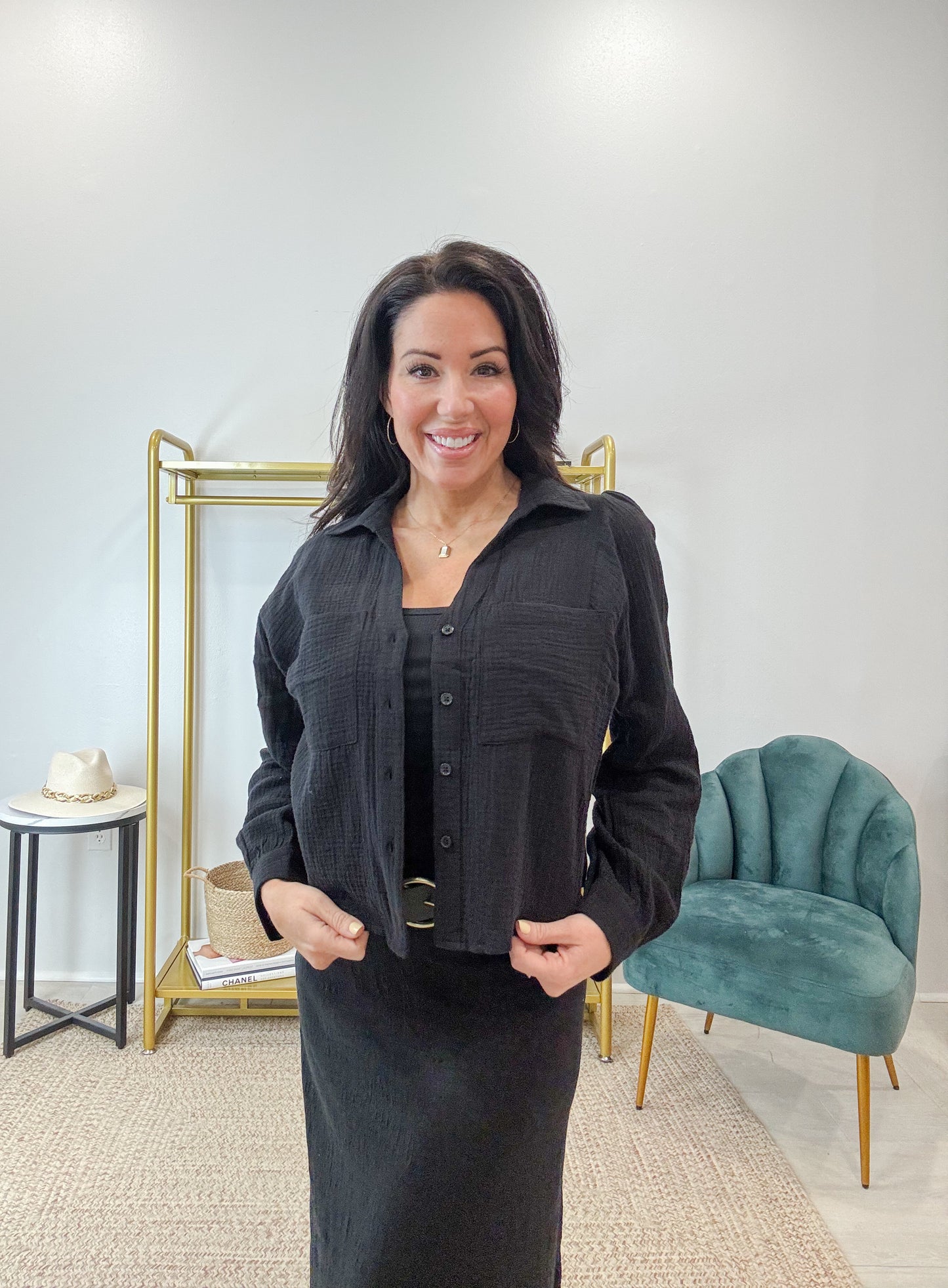 Campo Button Up Gauze Top Black