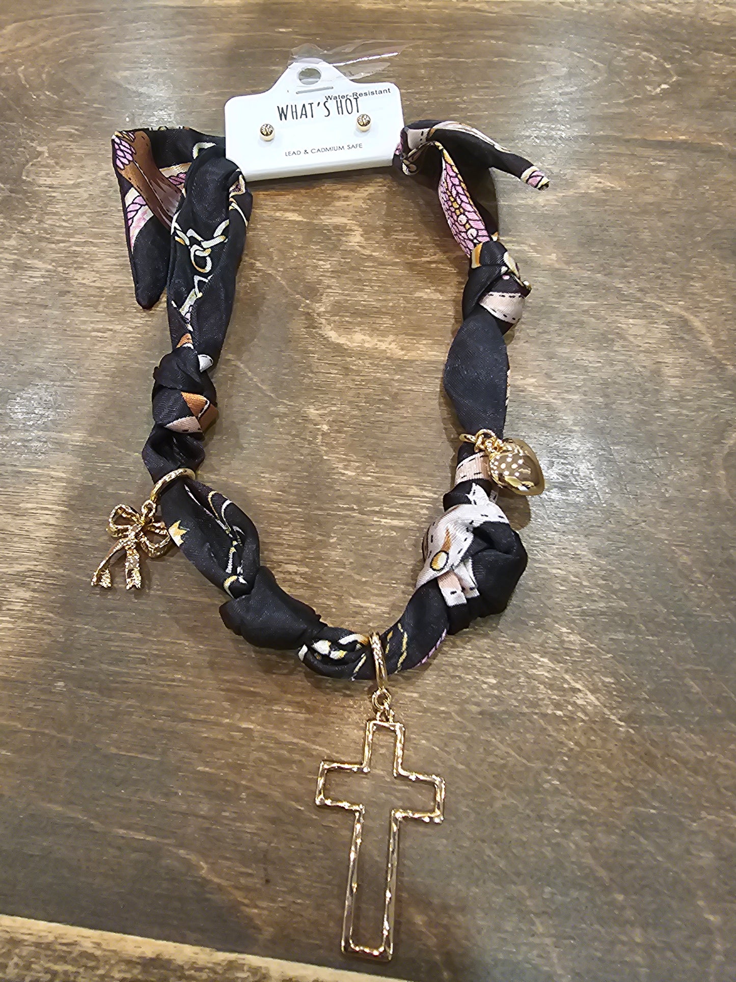 Black heart cross and bow scarf necklace