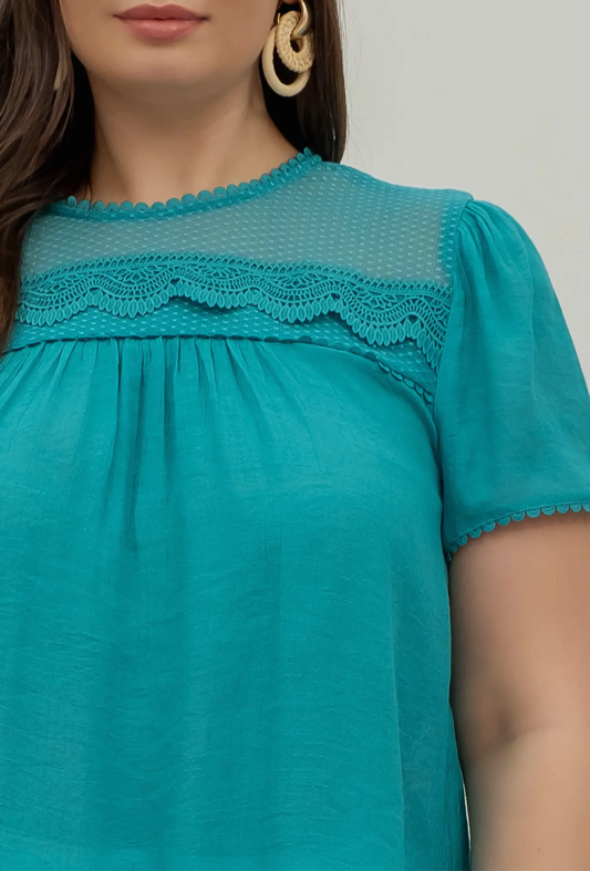 Plus Scallop Trim Sheer Lace Yoke Blouse Teal