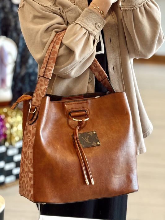 LV Cognac Leopard Trim Bag