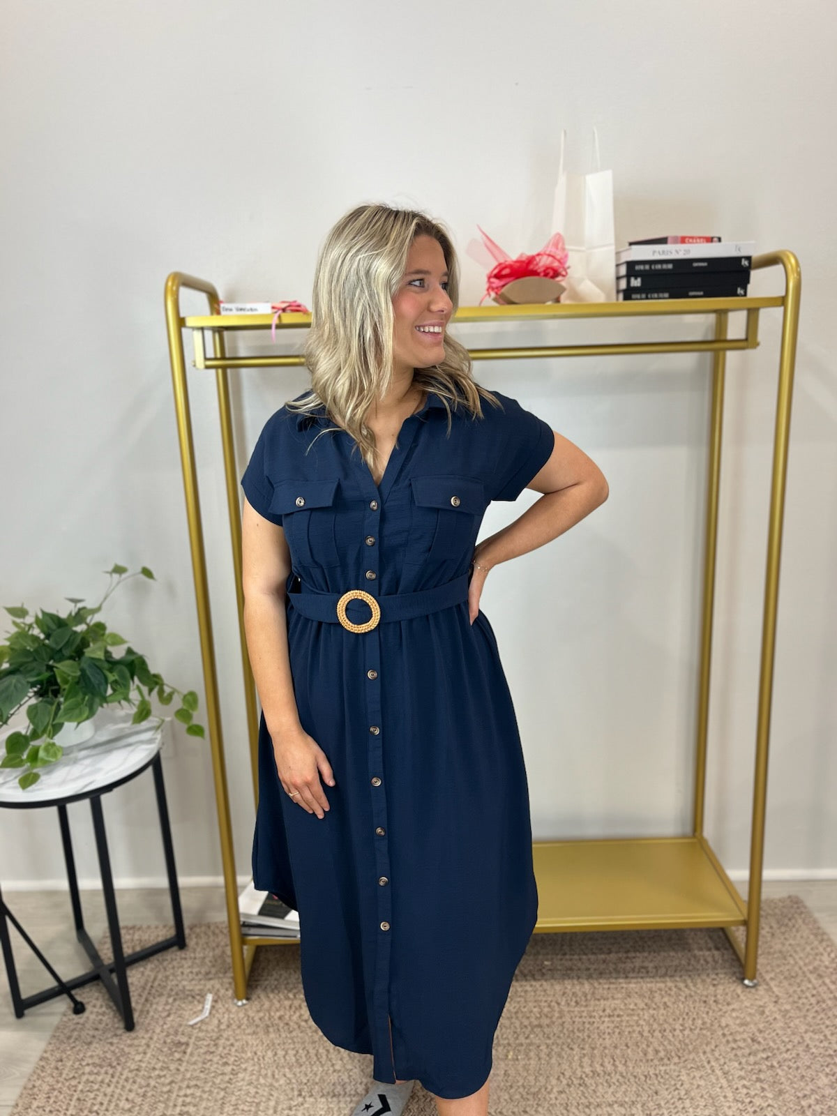 Collard Button Down Belted Midi Dress