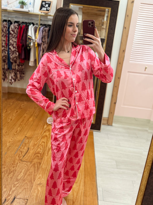 Pretty in Pink Tree Satin Pajama Set