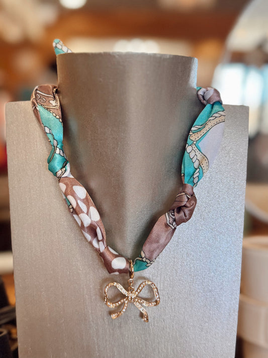 Teal with bow scarf necklace