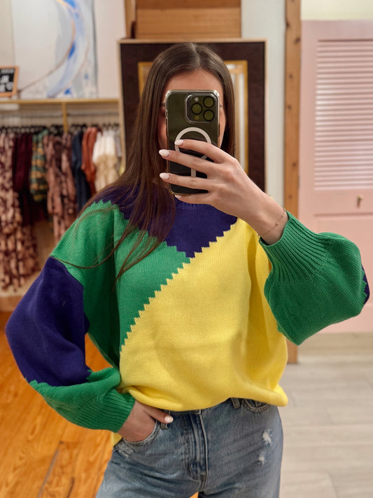 Mardi Gras Color Block Knitted Sweater