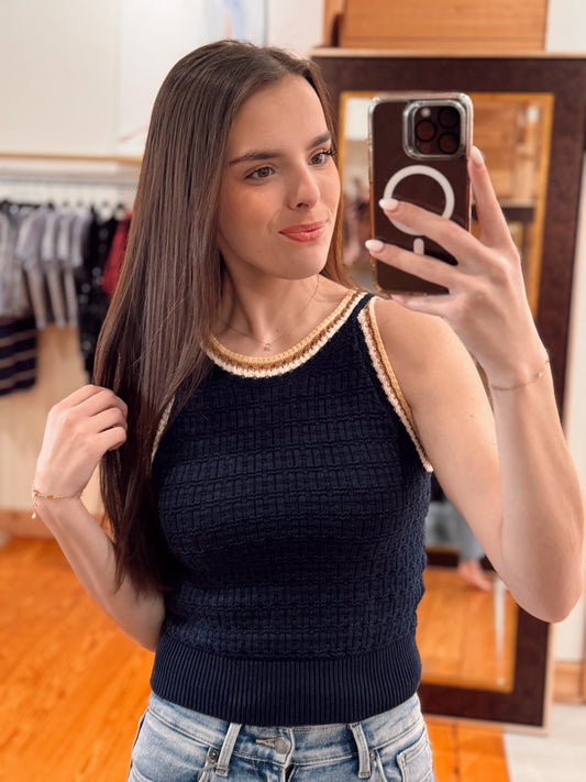 Navy Crochet Spring Sweater