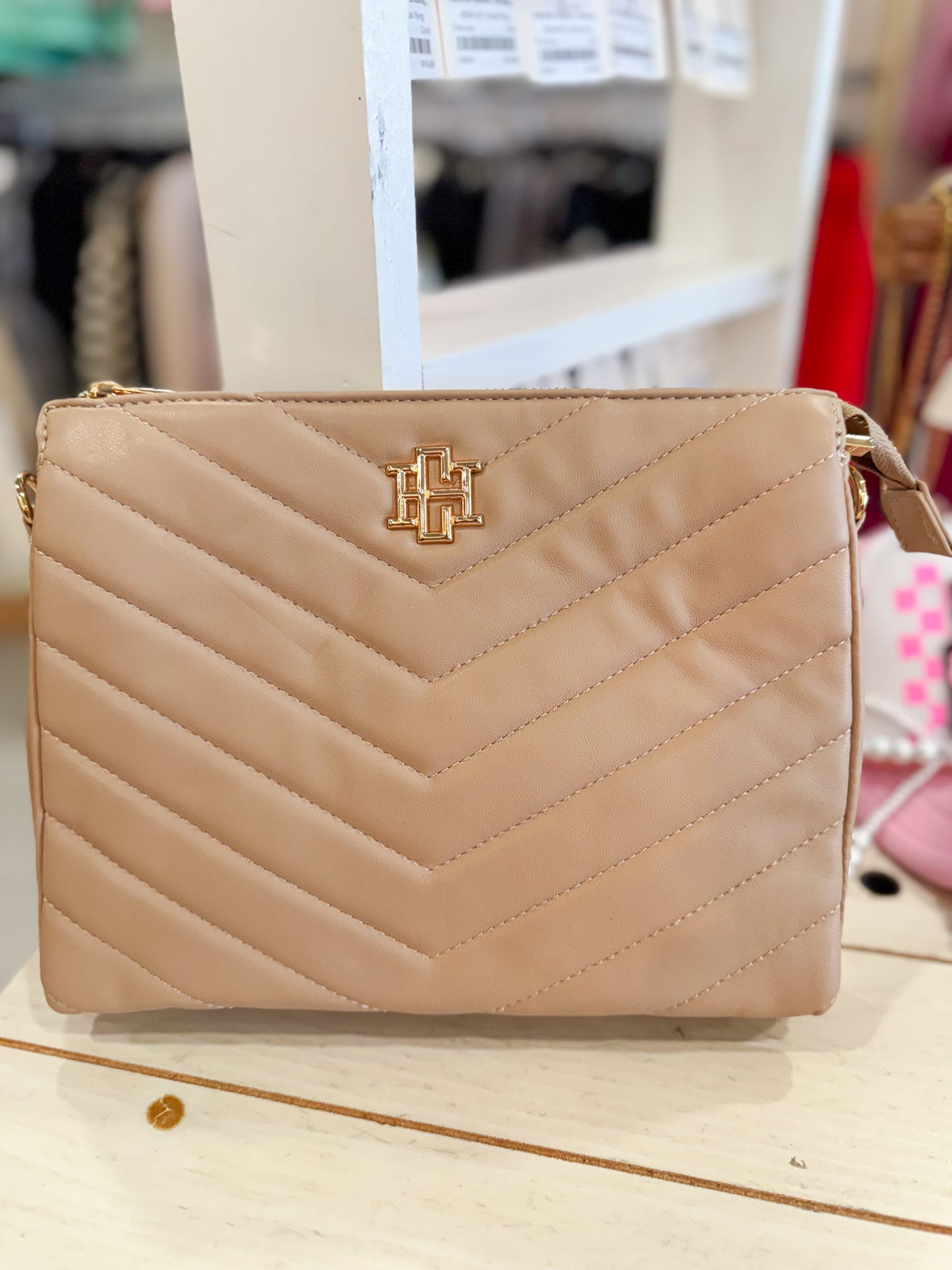 Beige Quilted Crossbody