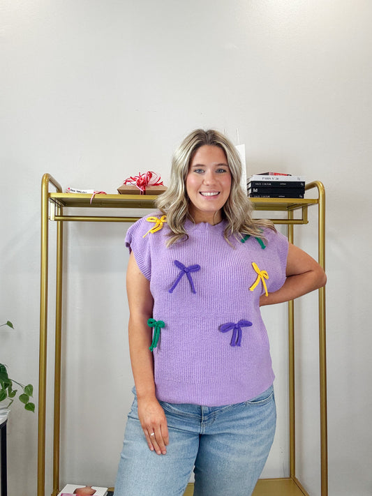 Mardi Gras Ribbon Bow Knit Top