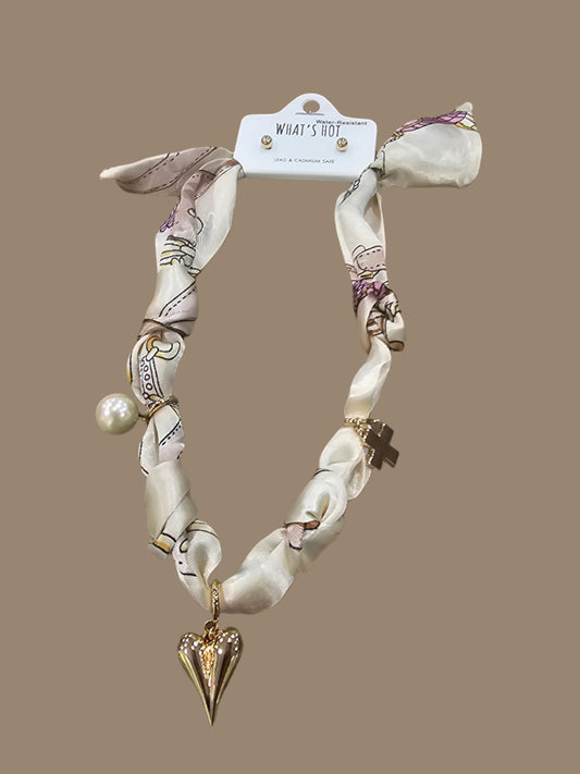 Cream with cross pearl and heart scarf necklace