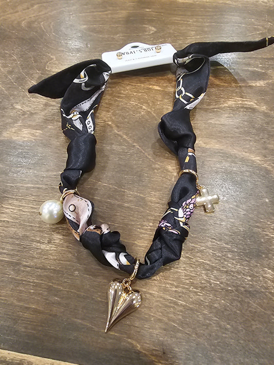 Black with bow heart and cross scarf necklace